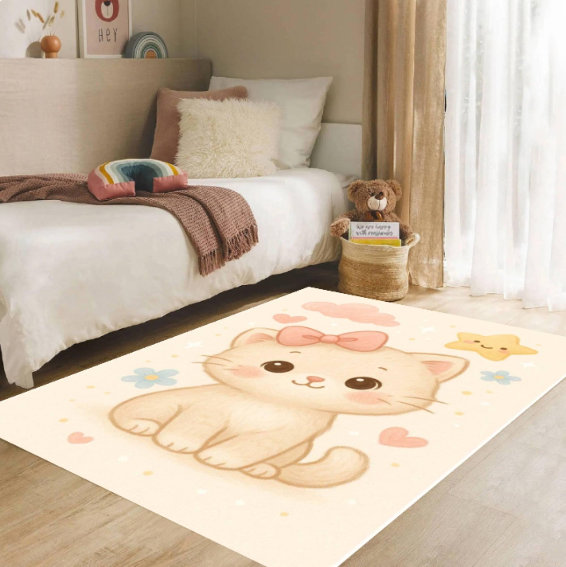 Cute Kitten Nursery Rug, Washable Non Slip Kids Area Rug, Pastel Cat Baby Room Decor, Soft Playroom Carpet, Toddler Bedroom Floor Mat