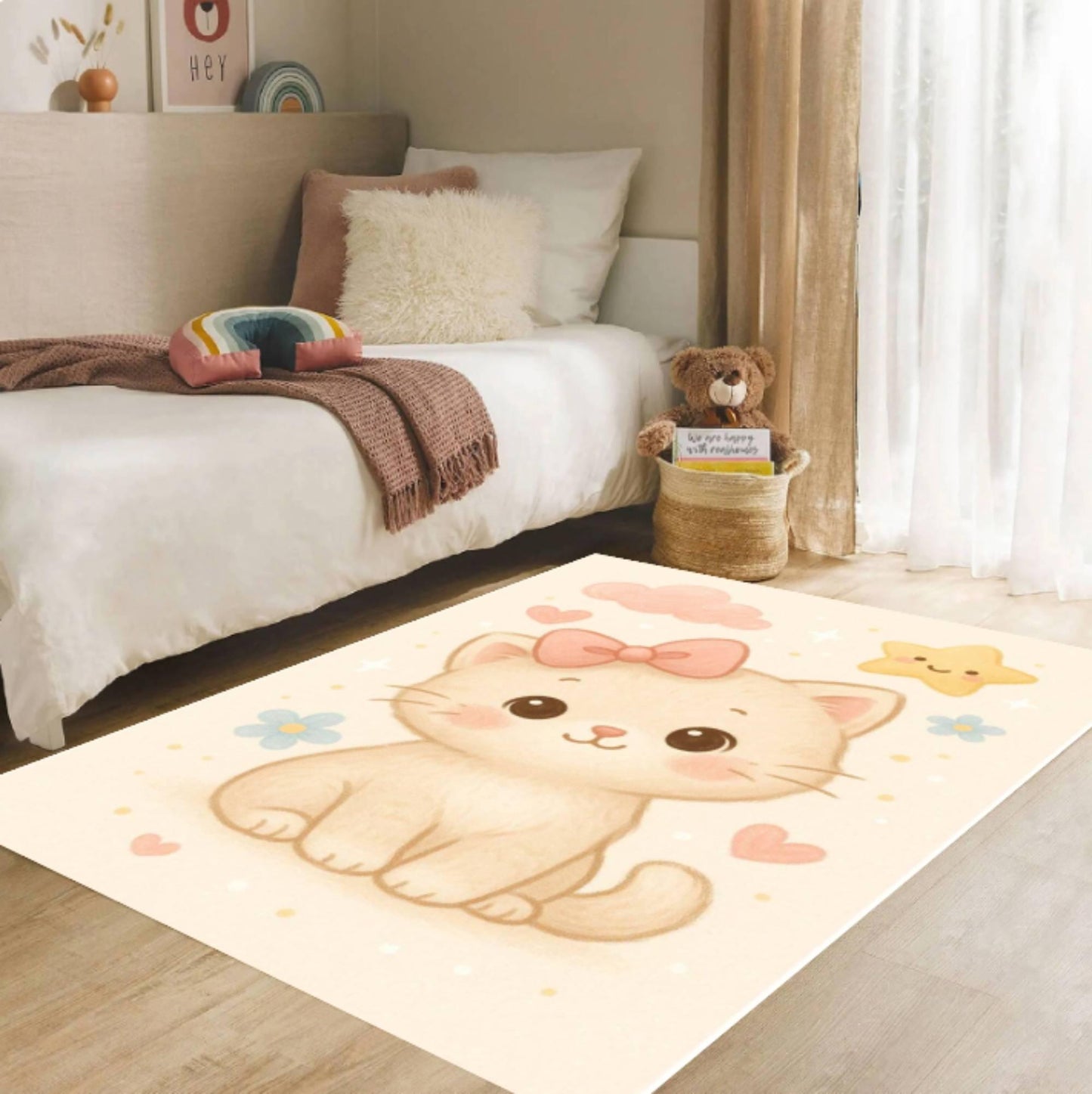 Fun Kitten Kids Room Rug Washable Non-slip Rug