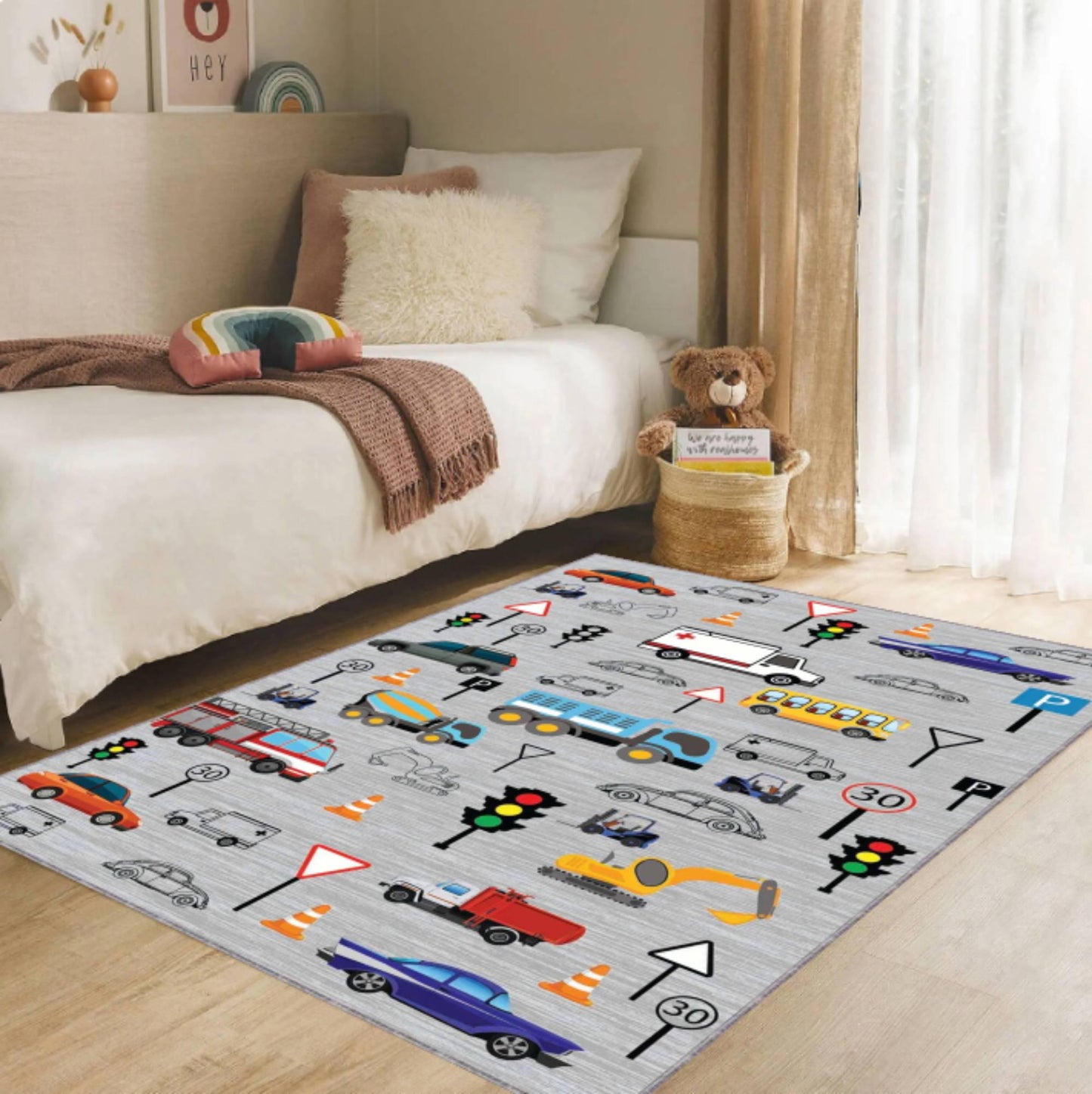 Traffic Road Play Kids Rug | Washable Floor Mat for Babies