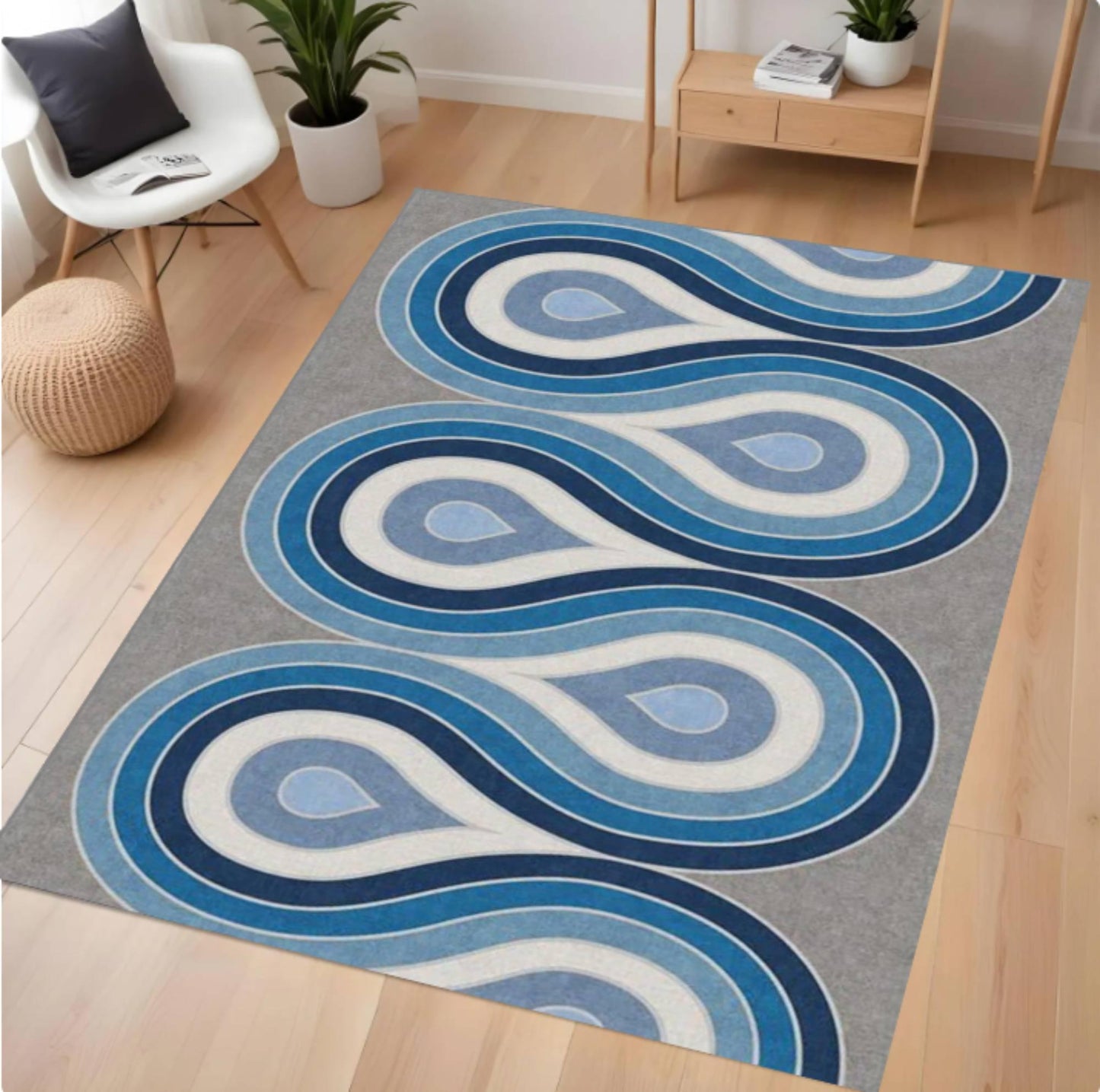 Blue Wavy Abstract Rug Scandinavian Washable Rug
