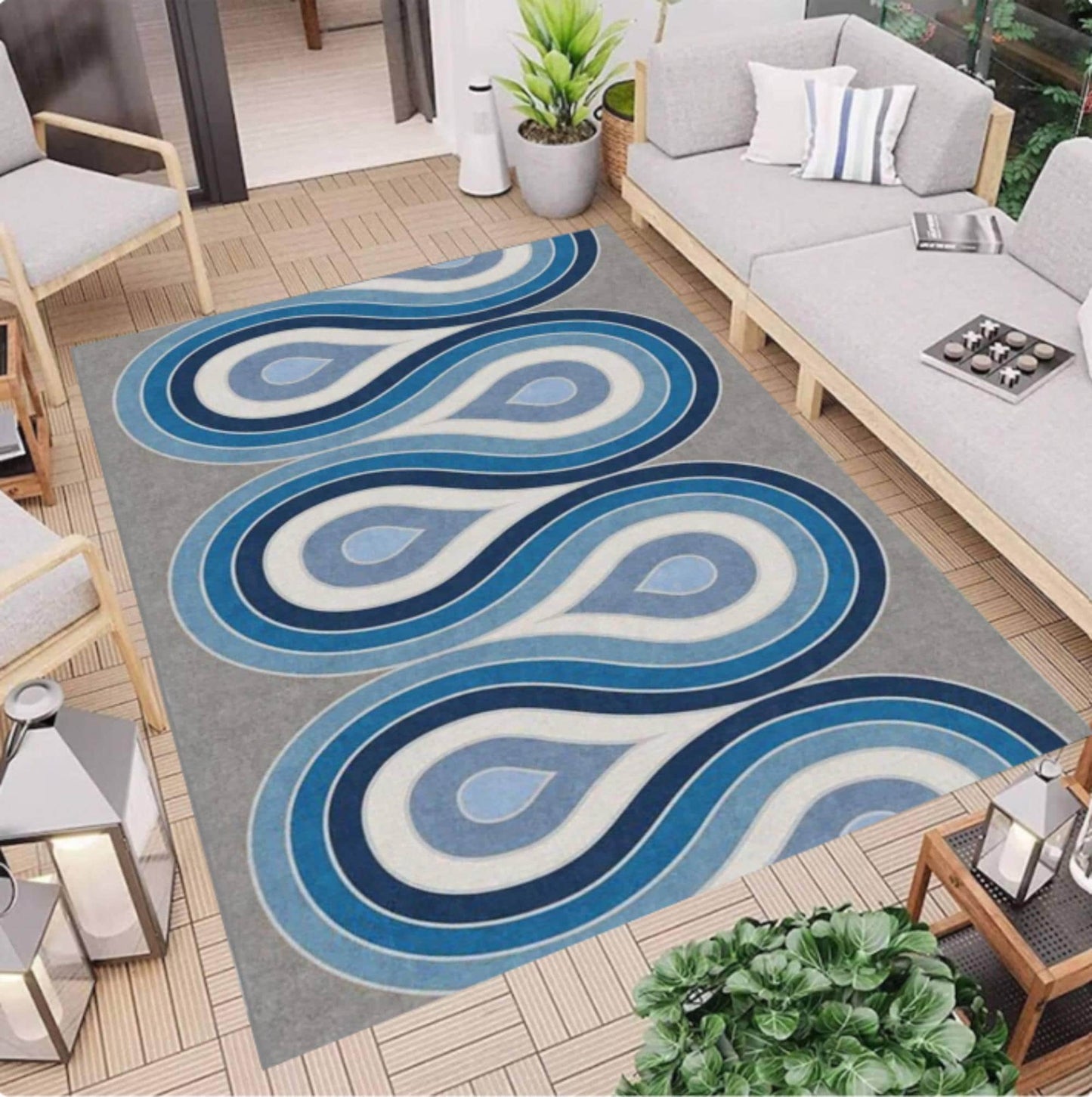 Blue Wavy Abstract Rug Scandinavian Washable Rug