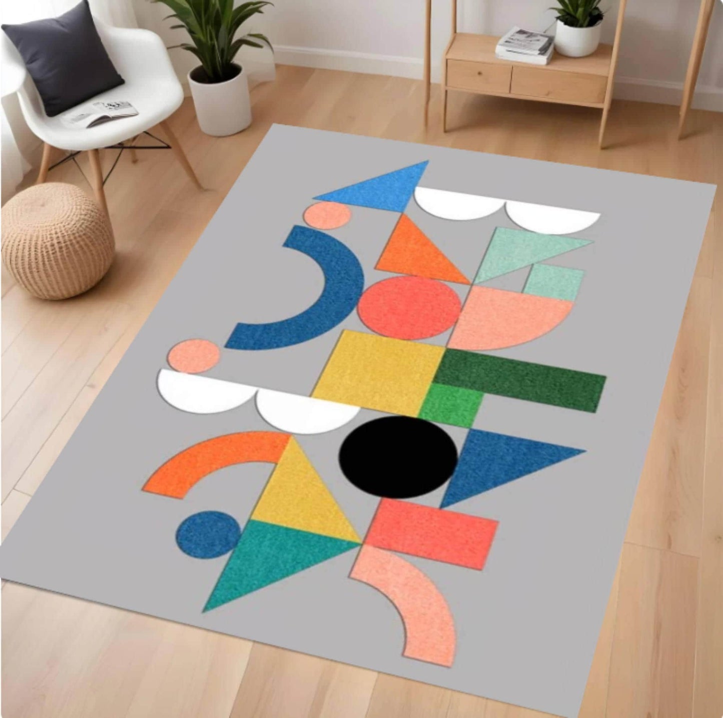 Colorful geometric-patterned rug on a wooden floor with a modern interior setting.
