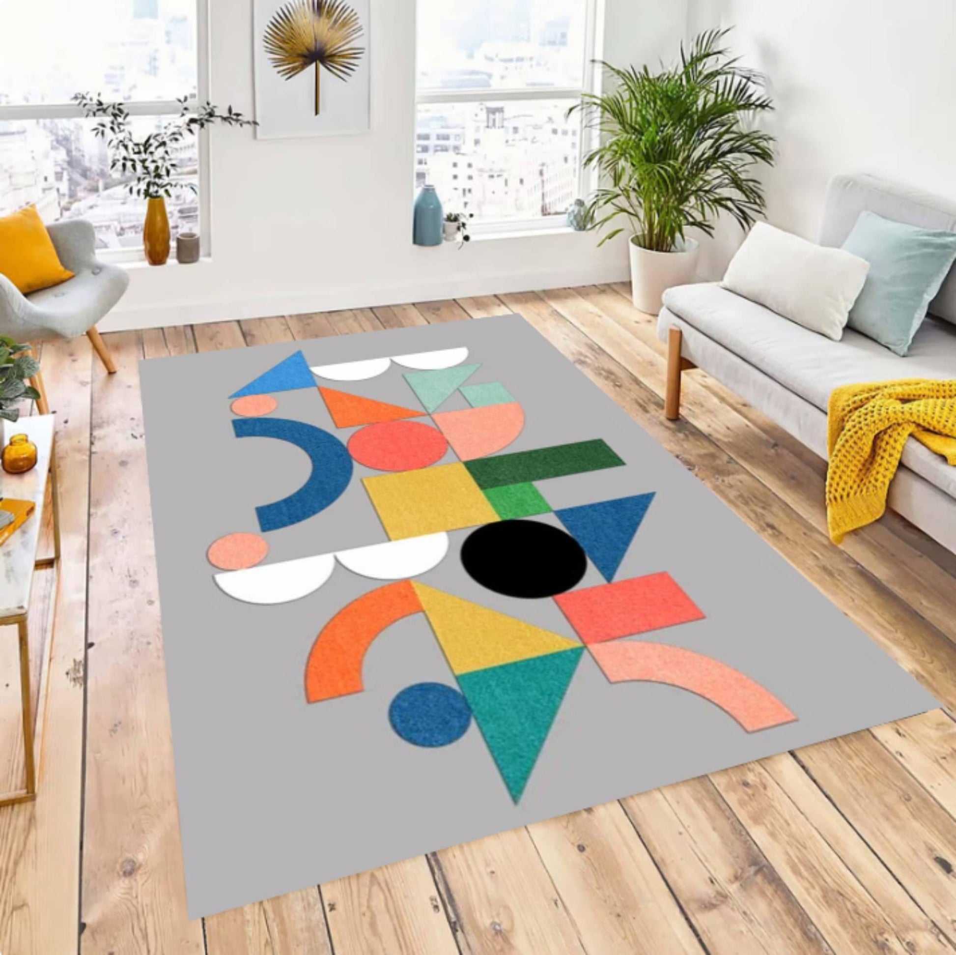 Geometric Bauhaus Area Rug, Modern Abstract Carpet, Non Slip