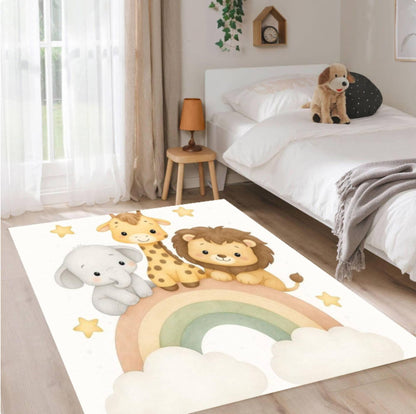 Safari Animals Rainbow Kids Room Playroom Decor Rug