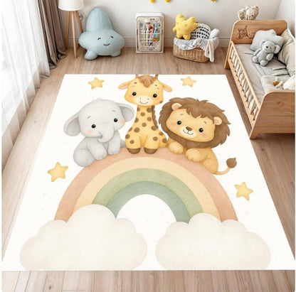Children's room with a rug featuring cartoon animals and a rainbow.