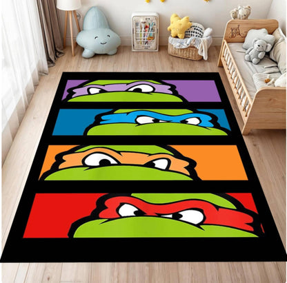 Colorful rug with cartoon turtle faces on a wooden floor in a child's room.