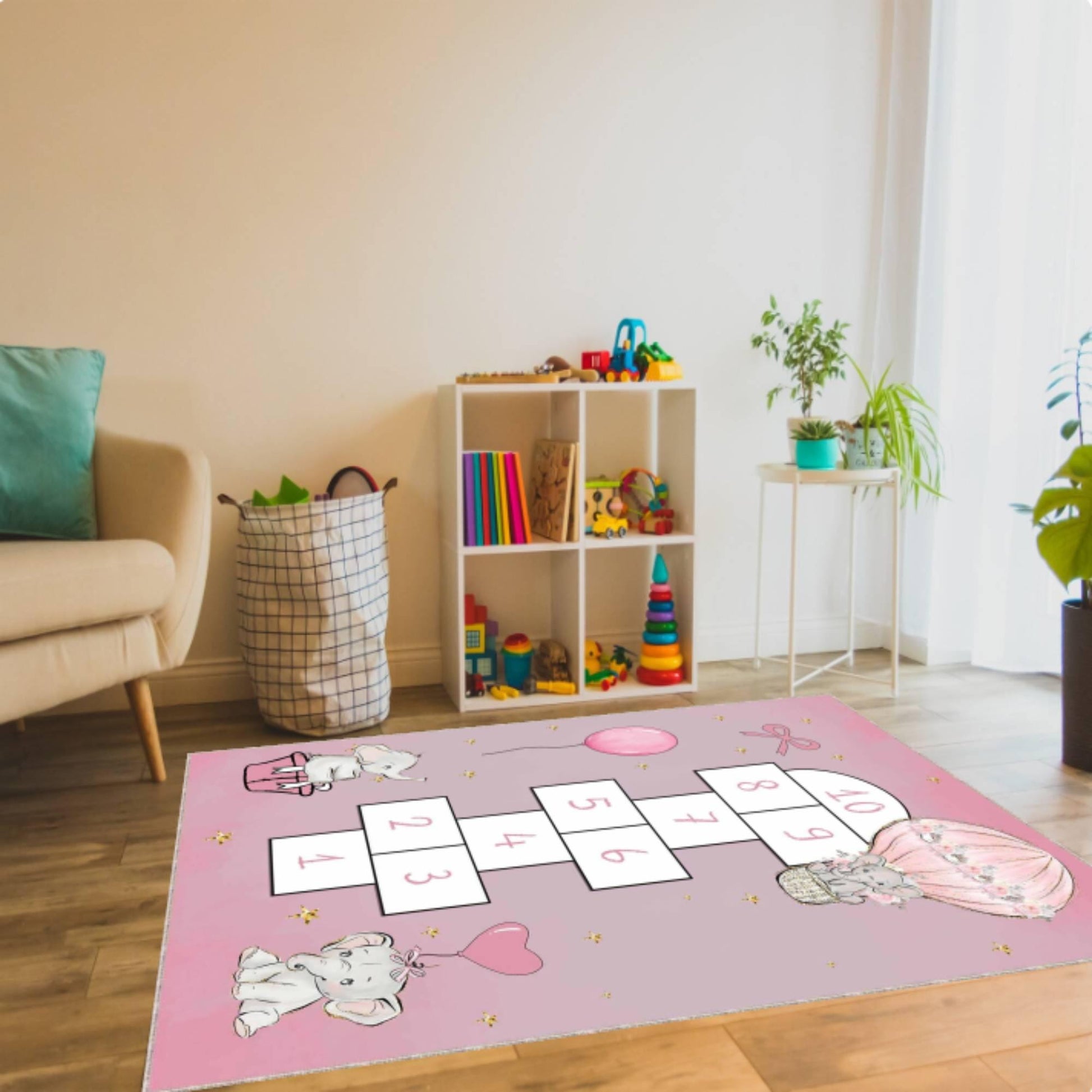 Pink Elephant Hopscotch Kids Rug, Washable Nursery Playroom Decor