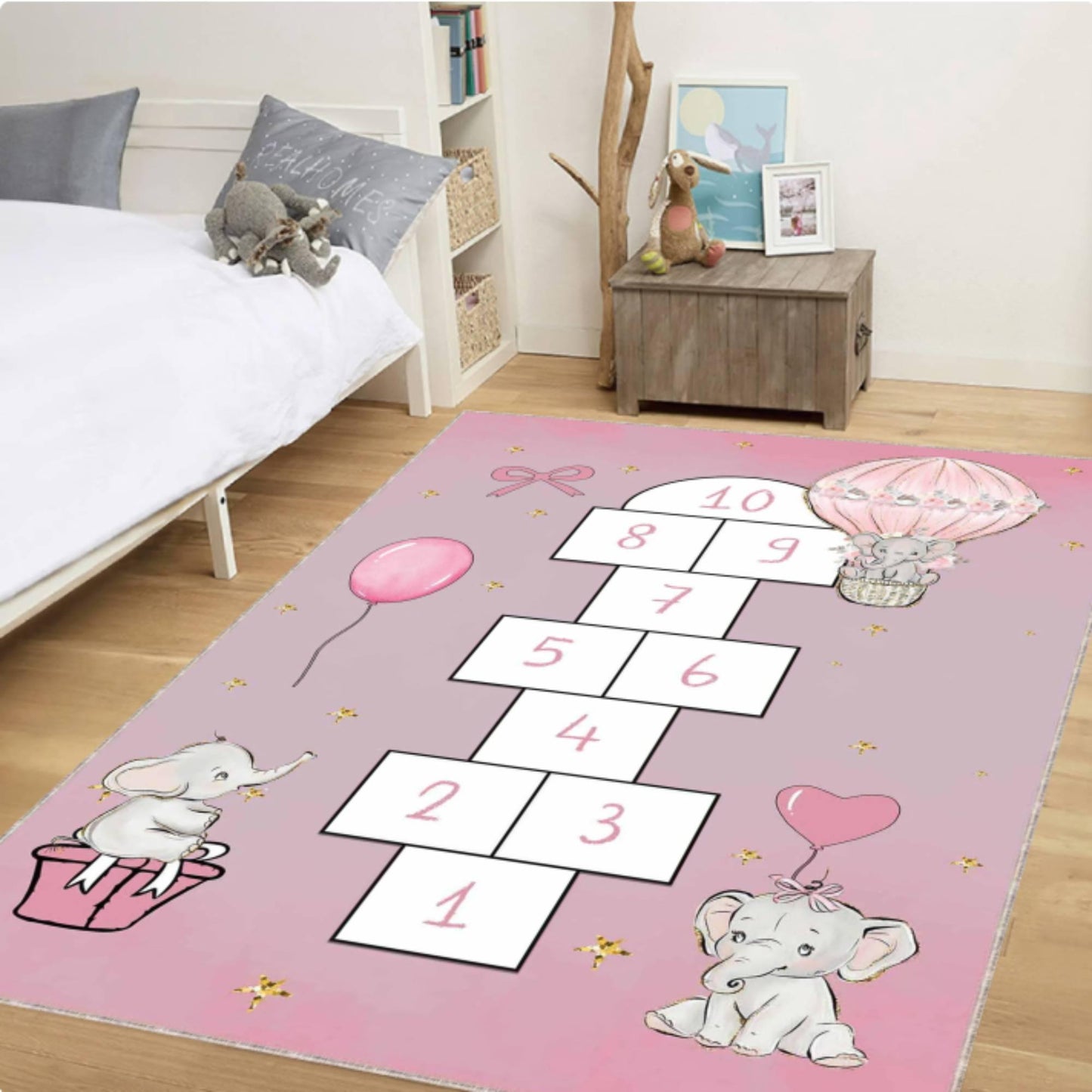Hopscotch Kids Rug Pink Elephant Washable Decor for Kids Room