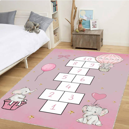 Hopscotch Kids Rug Pink Elephant Washable Decor for Kids Room