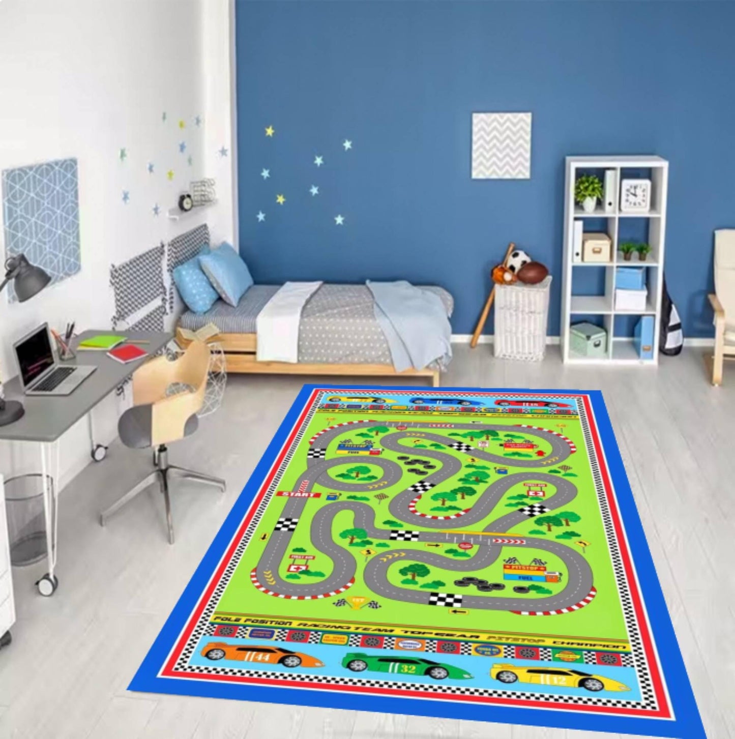 Race Track Kids Rug | Washable Play Mat for Babies
