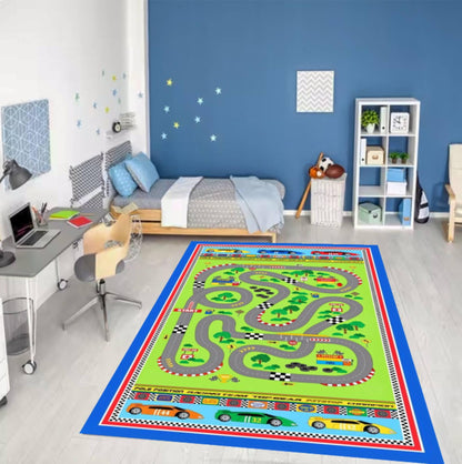 Race Track Kids Rug | Washable Play Mat for Babies