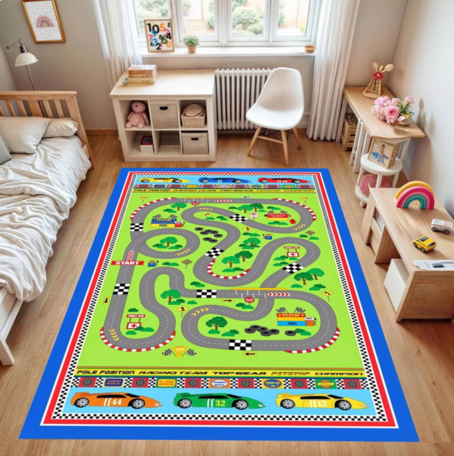 Race Track Kids Rug | Washable Play Mat for Babies