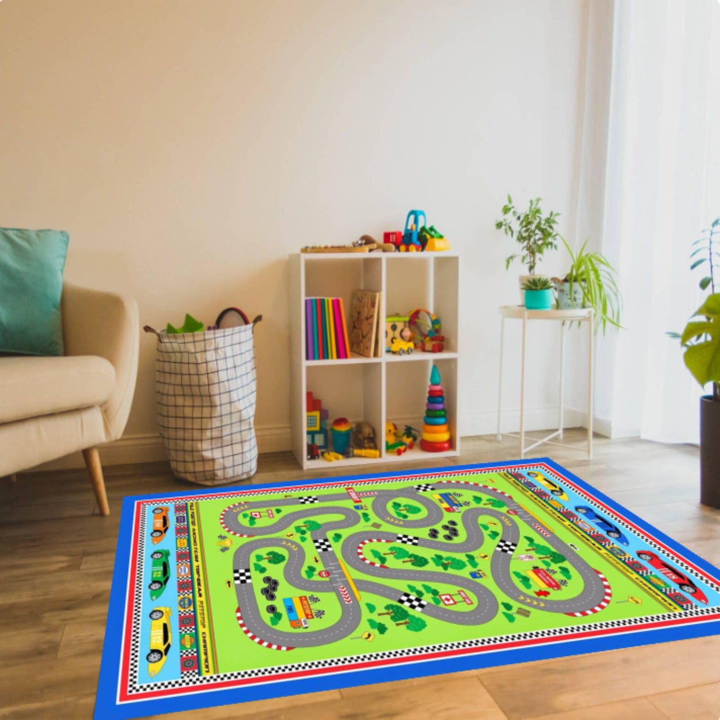 Race Track Kids Rug | Washable Play Mat for Babies