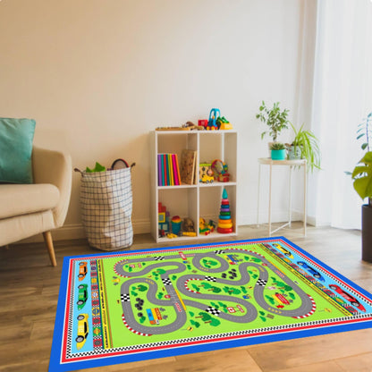 Race Track Kids Rug | Washable Play Mat for Babies