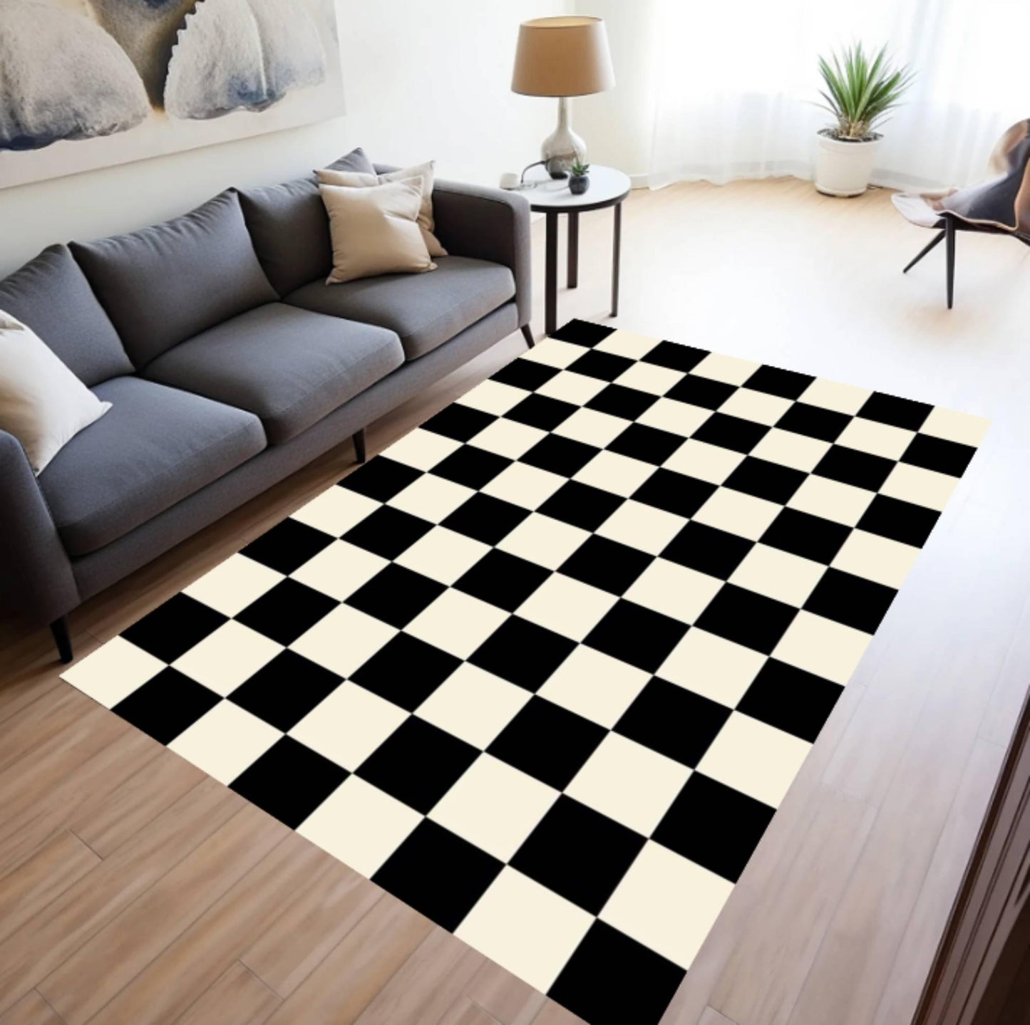 Modern Black and White Checkered Minimal Rug Washable Non-slip