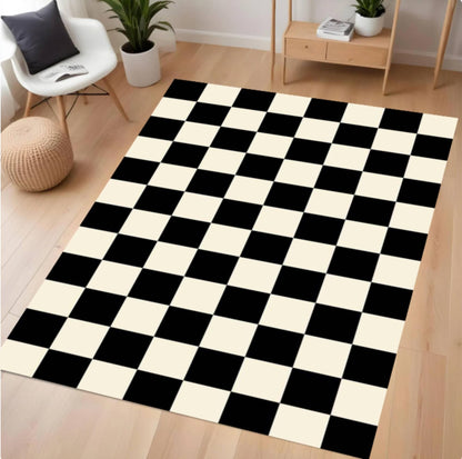 Checkered black and white rug on a wooden floor with a modern living room setting.