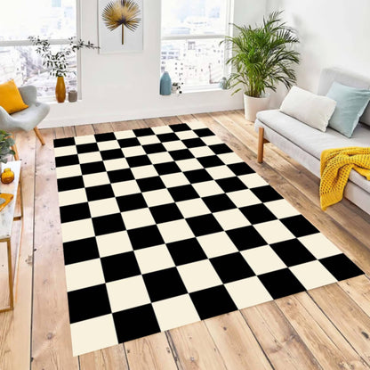 Modern Black and White Checkered Minimal Rug Washable Non-slip