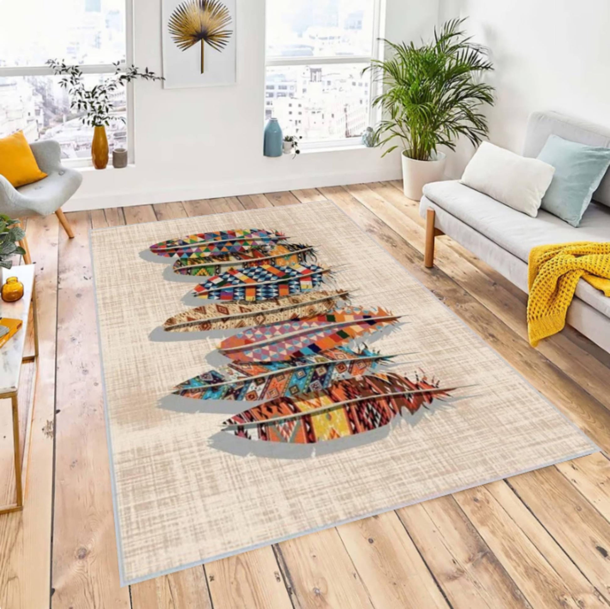 Boho Feather Area Rug, Tribal Ethnic Pattern Carpet, Washable rug, Non Slip Rug, Modern Bohemian Home Decor, Living Room Bedroom Floor Mat
