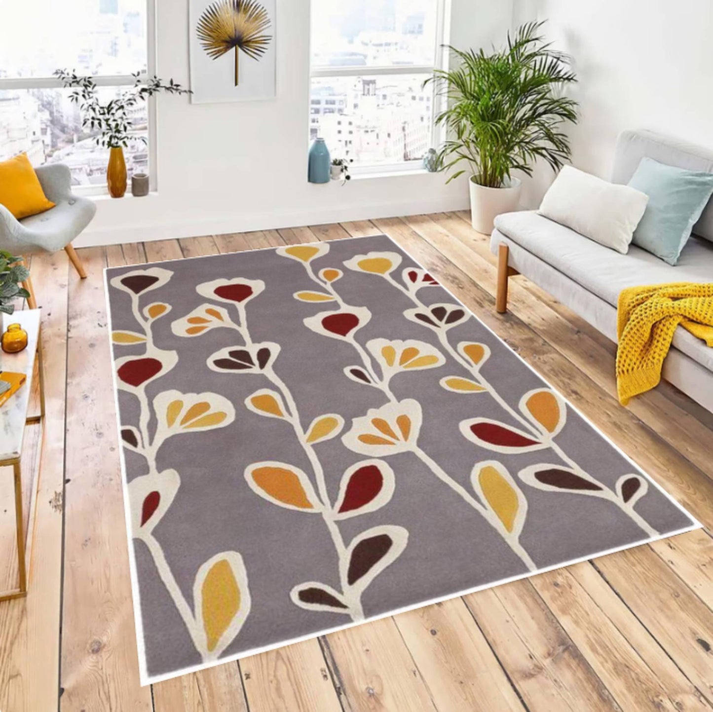 Modern Floral Area Rug, Scandinavian Flower Pattern Carpet, Washable Non Slip Rug, Grey Botanical Floor Rug for Living Room Bedroom Decor