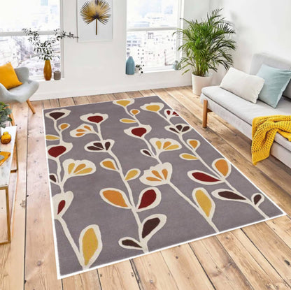Modern Floral Area Rug, Scandinavian Flower Pattern Carpet, Washable Non Slip Rug, Grey Botanical Floor Rug for Living Room Bedroom Decor
