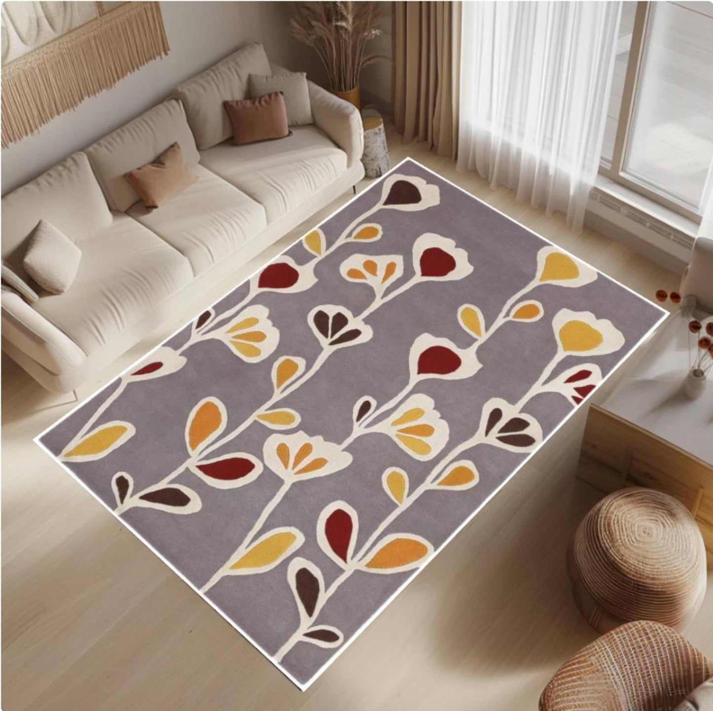 Modern Floral Area Rug, Scandinavian Flower Pattern Carpet, Washable Non Slip Rug, Grey Botanical Floor Rug for Living Room Bedroom Decor