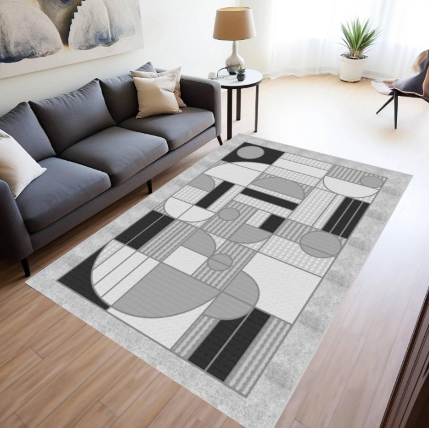 Modern Geometric Rug Abstract Gray Pattern Rug Washable Rug Non-slip