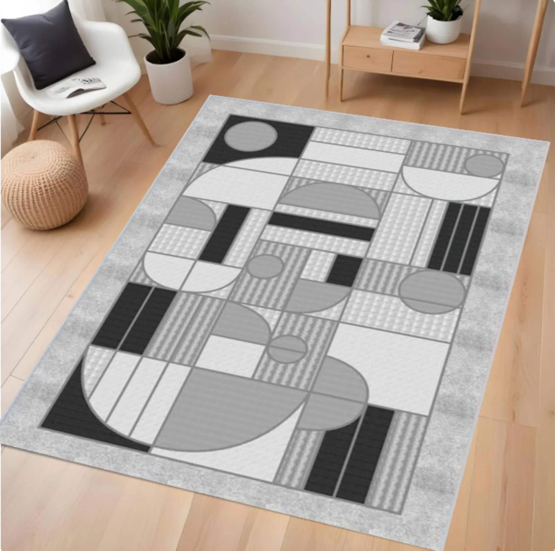 Geometric patterned rug on a wooden floor with a modern interior setting.