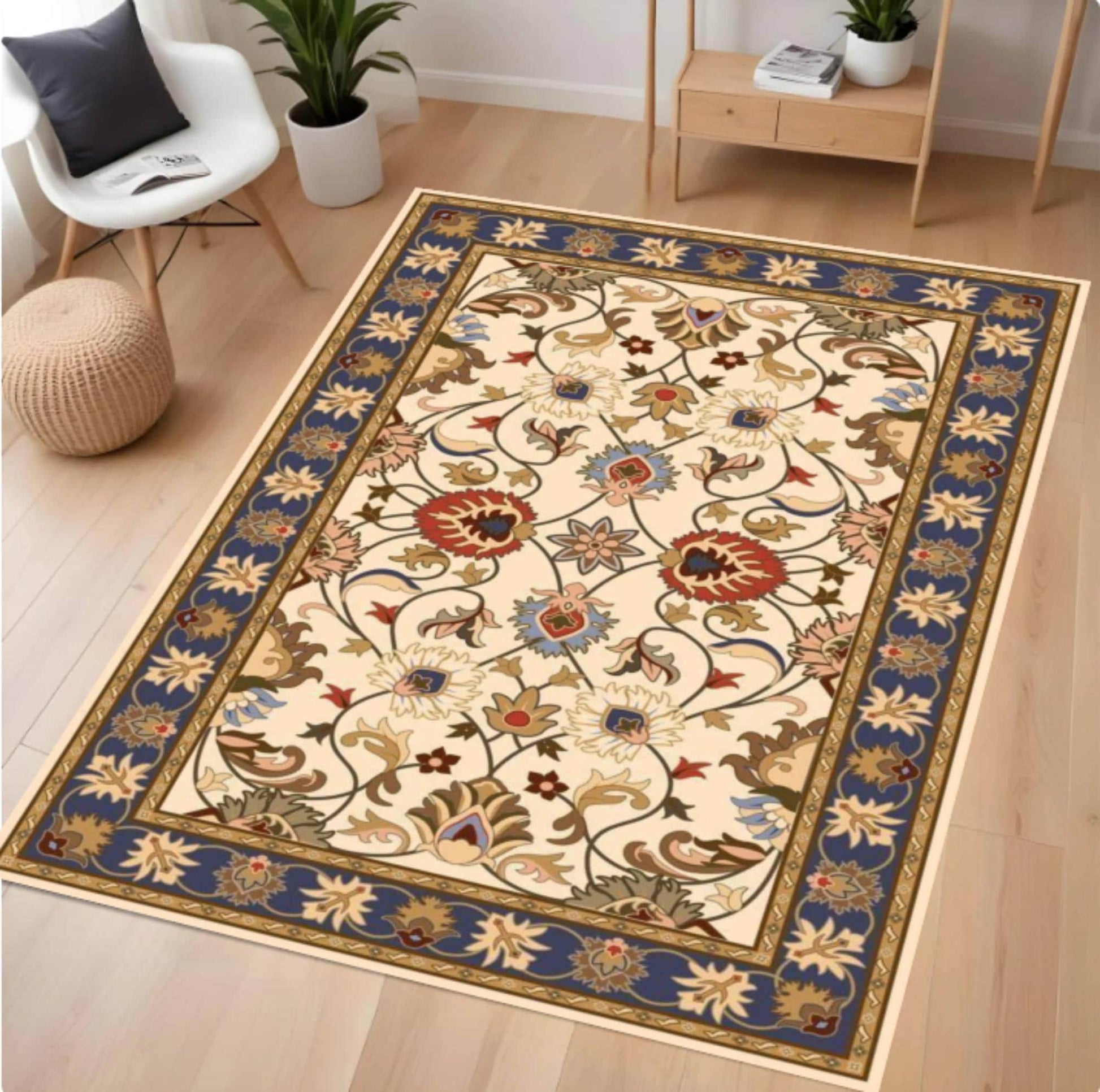 Decorative floral rug on a wooden floor with a chair and plants in the background