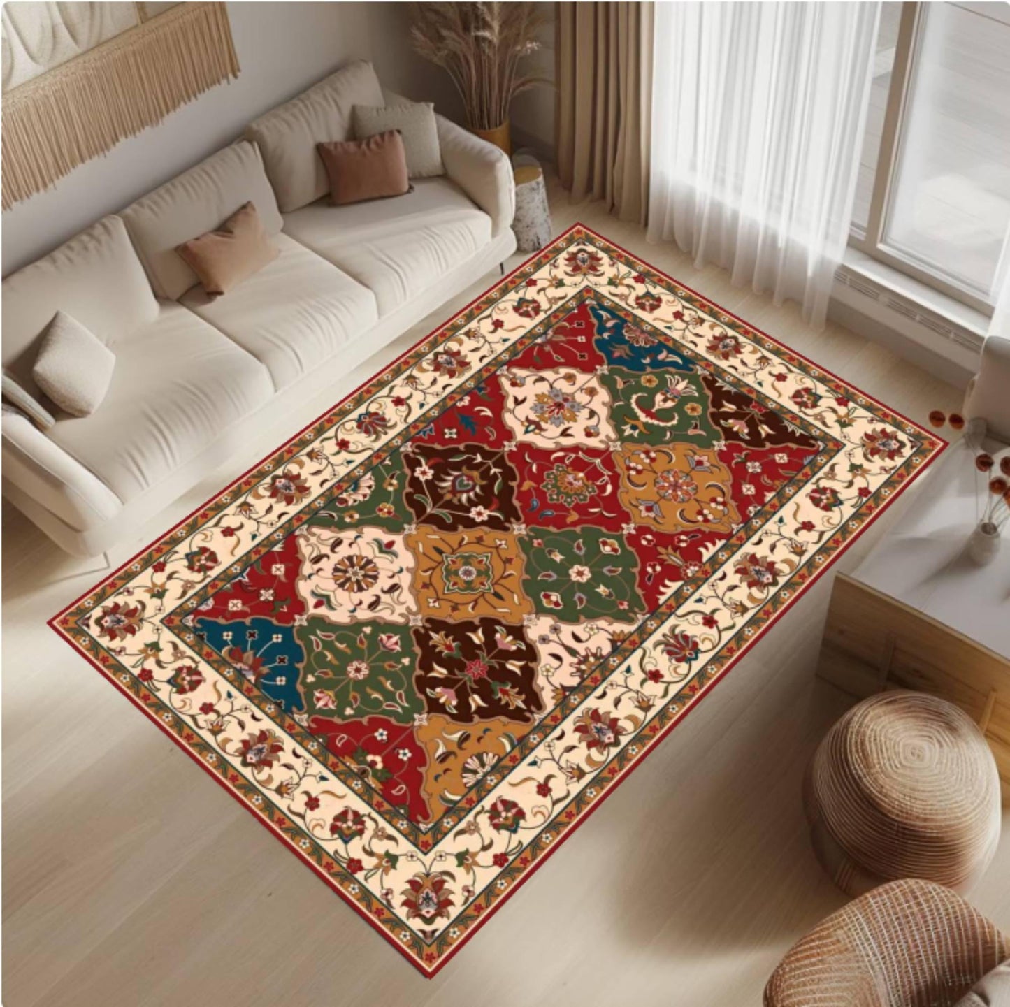 Vintage Patchwork Area Rug, Traditional Oriental Floral Carpet, Washable rug, Non Slip Rug, Colorful Classic Floor Rug for Living Room