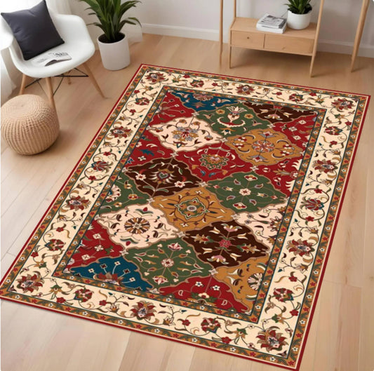 Decorative rug with intricate patterns on a wooden floor