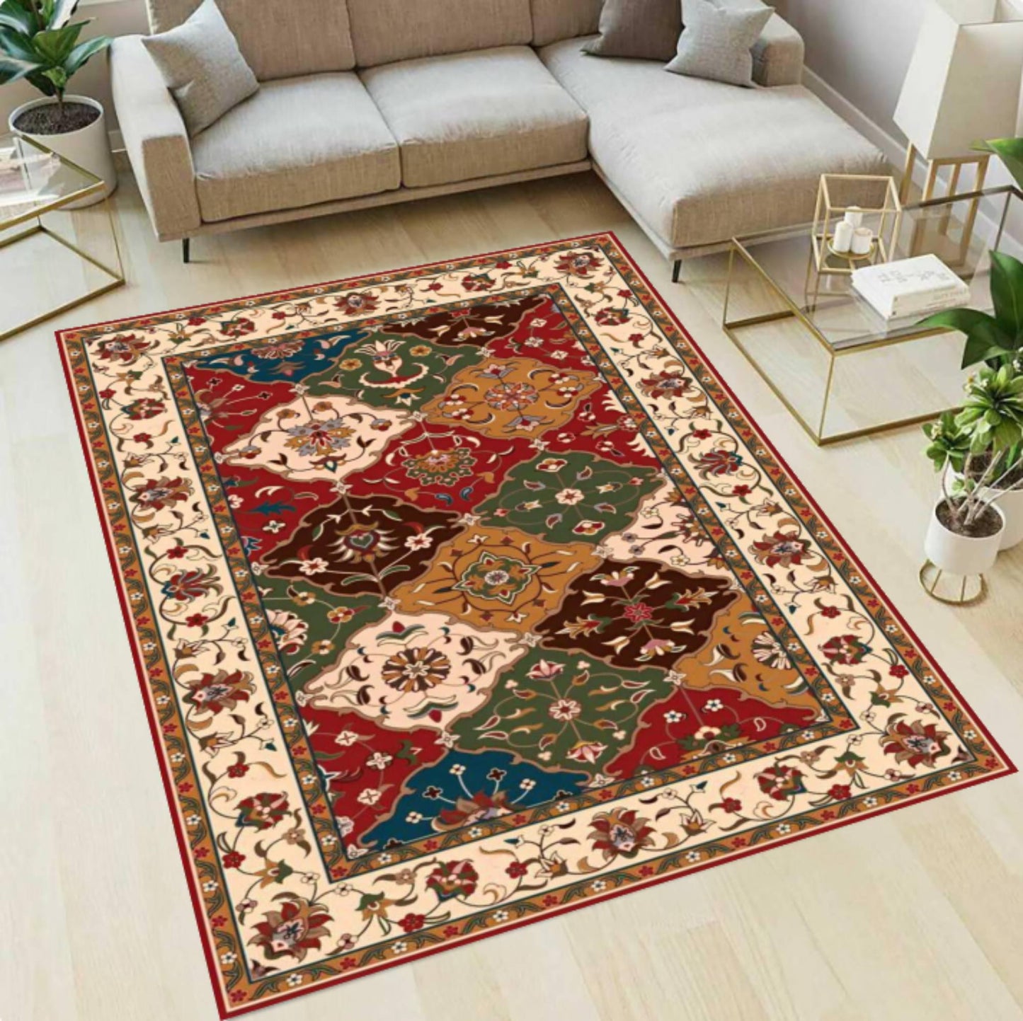 Vintage Patchwork Area Rug, Traditional Oriental Floral Carpet, Washable rug, Non Slip Rug, Colorful Classic Floor Rug for Living Room