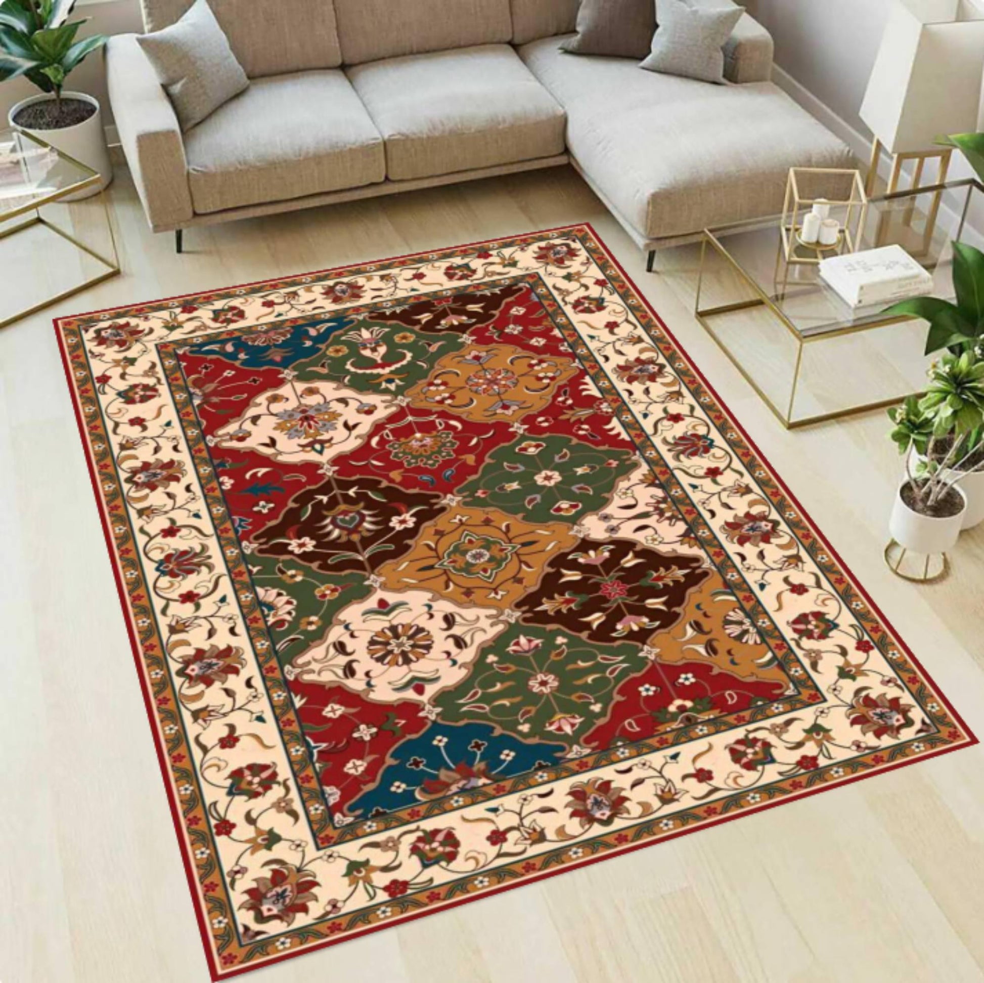 Vintage Patchwork Area Rug, Traditional Oriental Floral Carpet, Washable rug, Non Slip Rug, Colorful Classic Floor Rug for Living Room