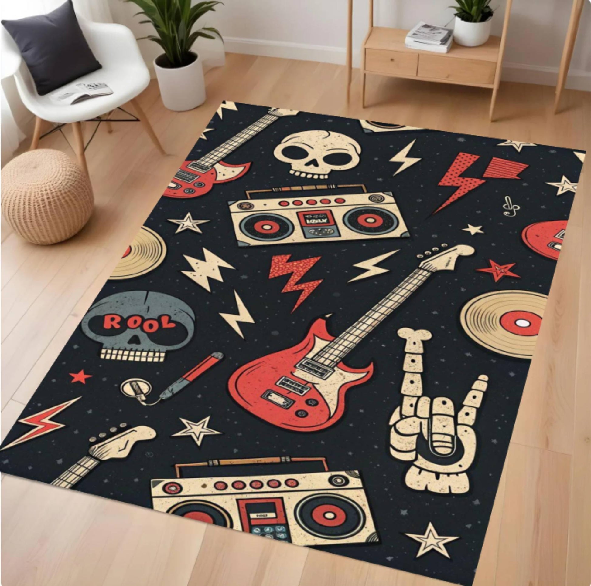 Decorative rug with rock-themed designs on a wooden floor.