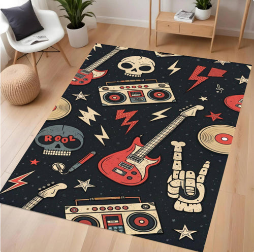 Decorative rug with rock-themed designs on a wooden floor.