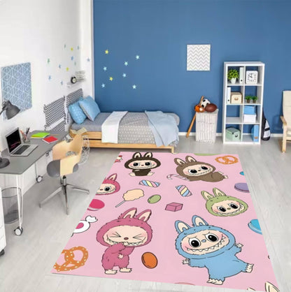 Cute Cartoon Bunny Kids Rug Pink Playroom Floor Mat