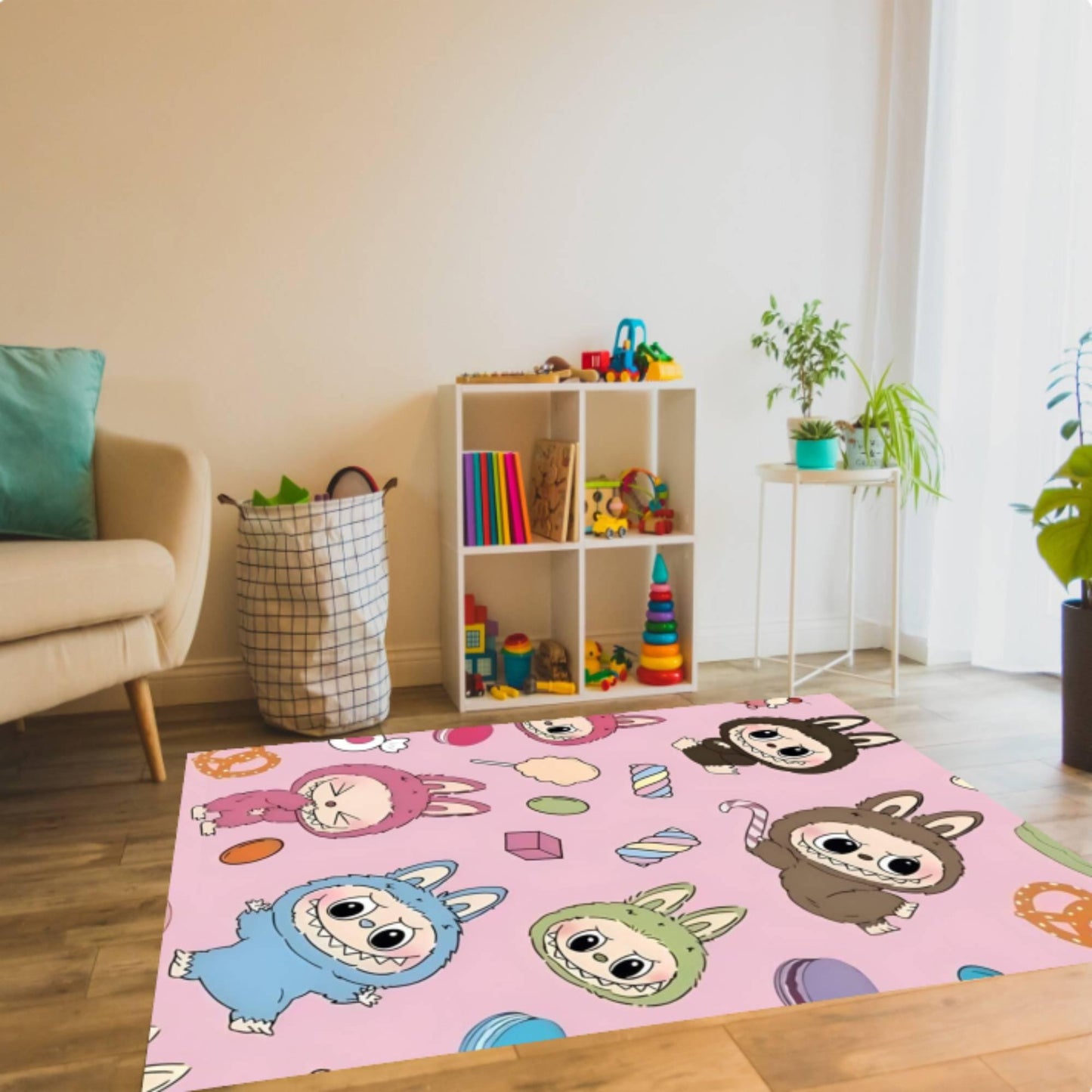 Cute Cartoon Bunny Kids Rug Pink Playroom Floor Mat