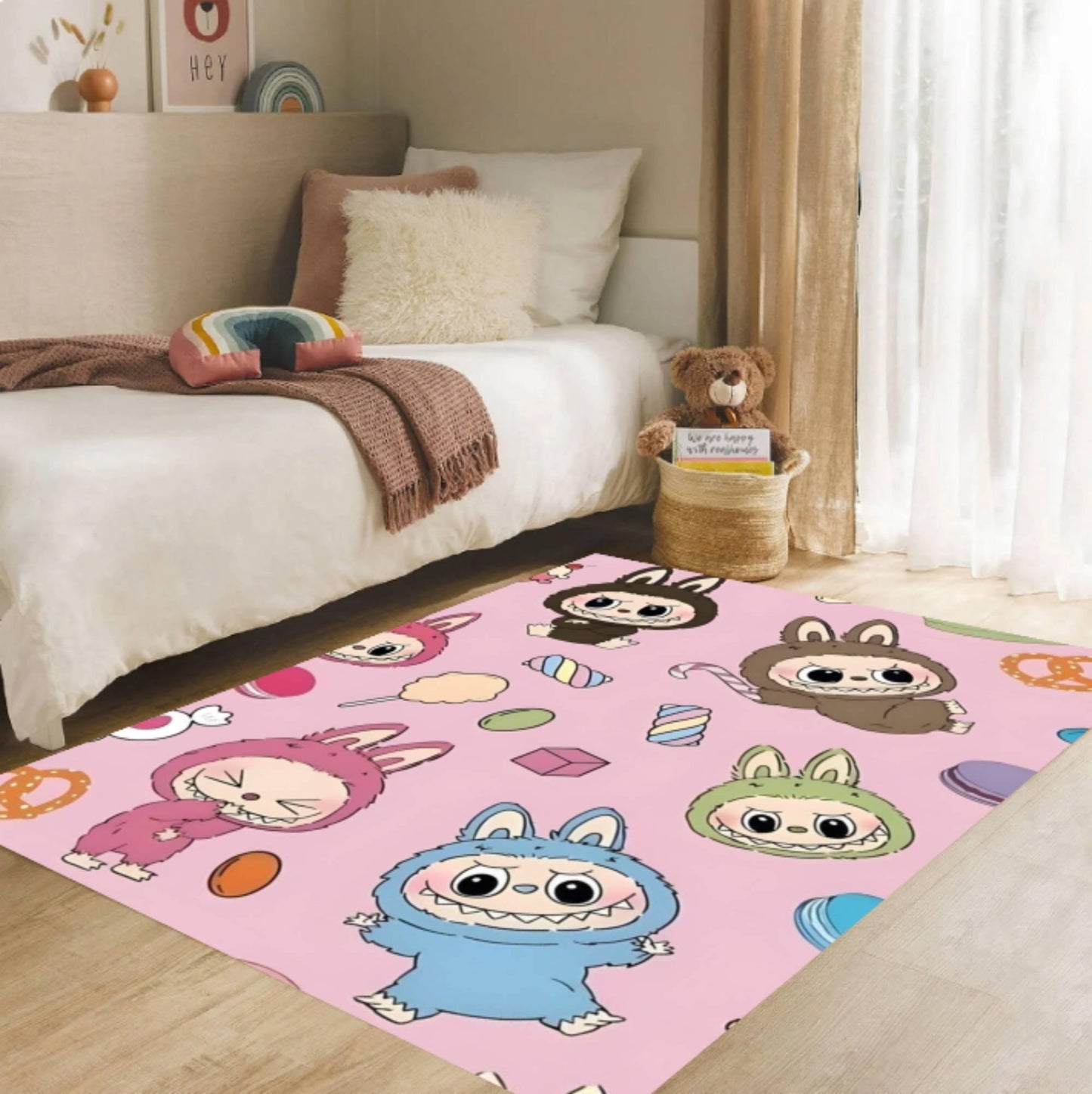 Cute Cartoon Bunny Kids Rug Pink Playroom Floor Mat