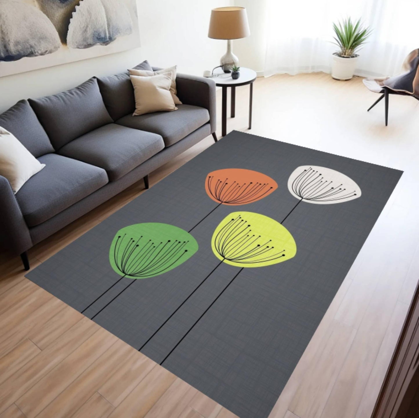 Mid-Century Modern Floral Rug - Minimalist Scandinavian Floral Area Rug