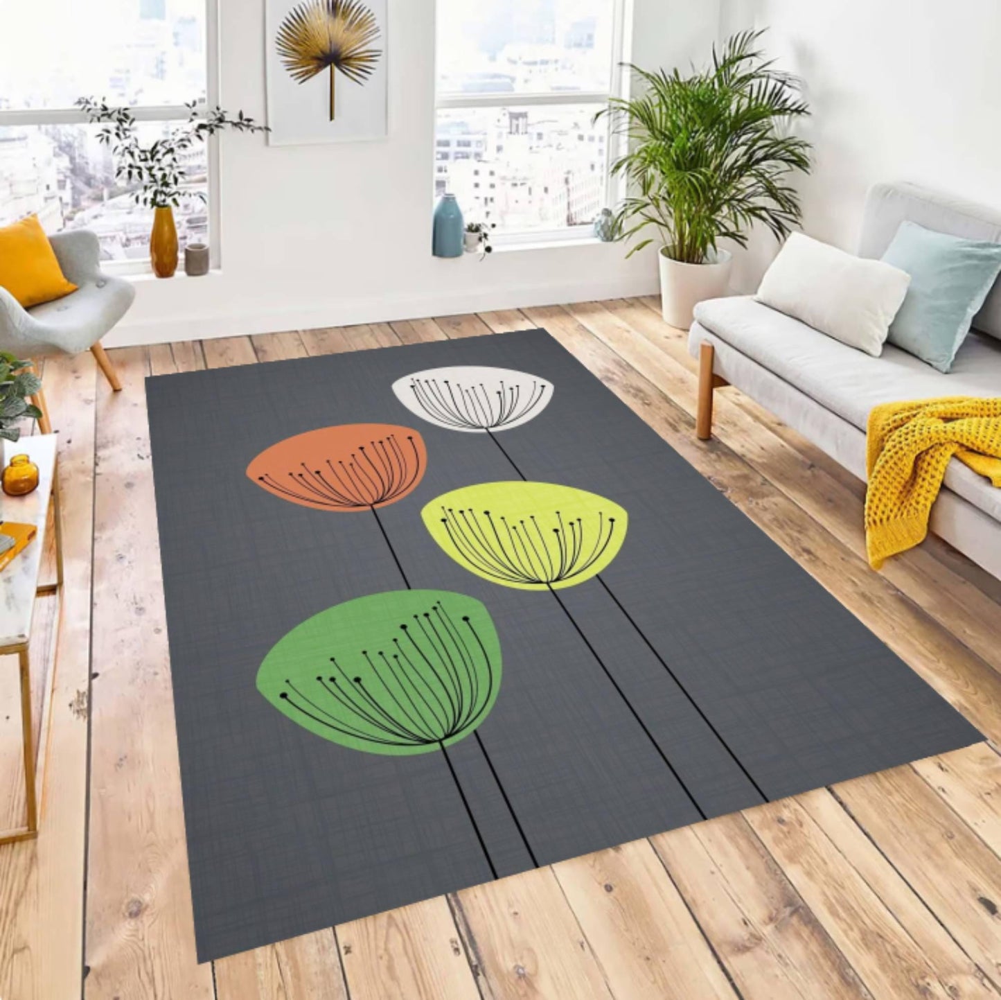 Mid-Century Modern Floral Rug - Minimalist Scandinavian Floral Area Rug