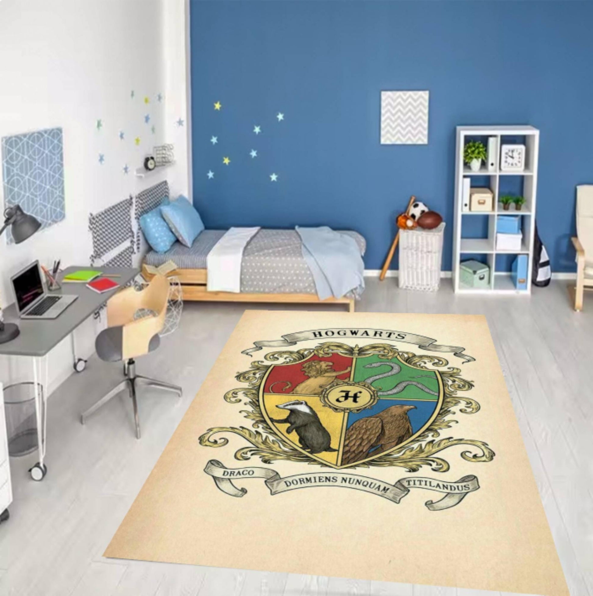 Wizard School Crest Rug, Vintage Magic Academy Emblem Carpet, Washable Area Rug, Non Slip Floor Mat, Fantasy Library Room Decor