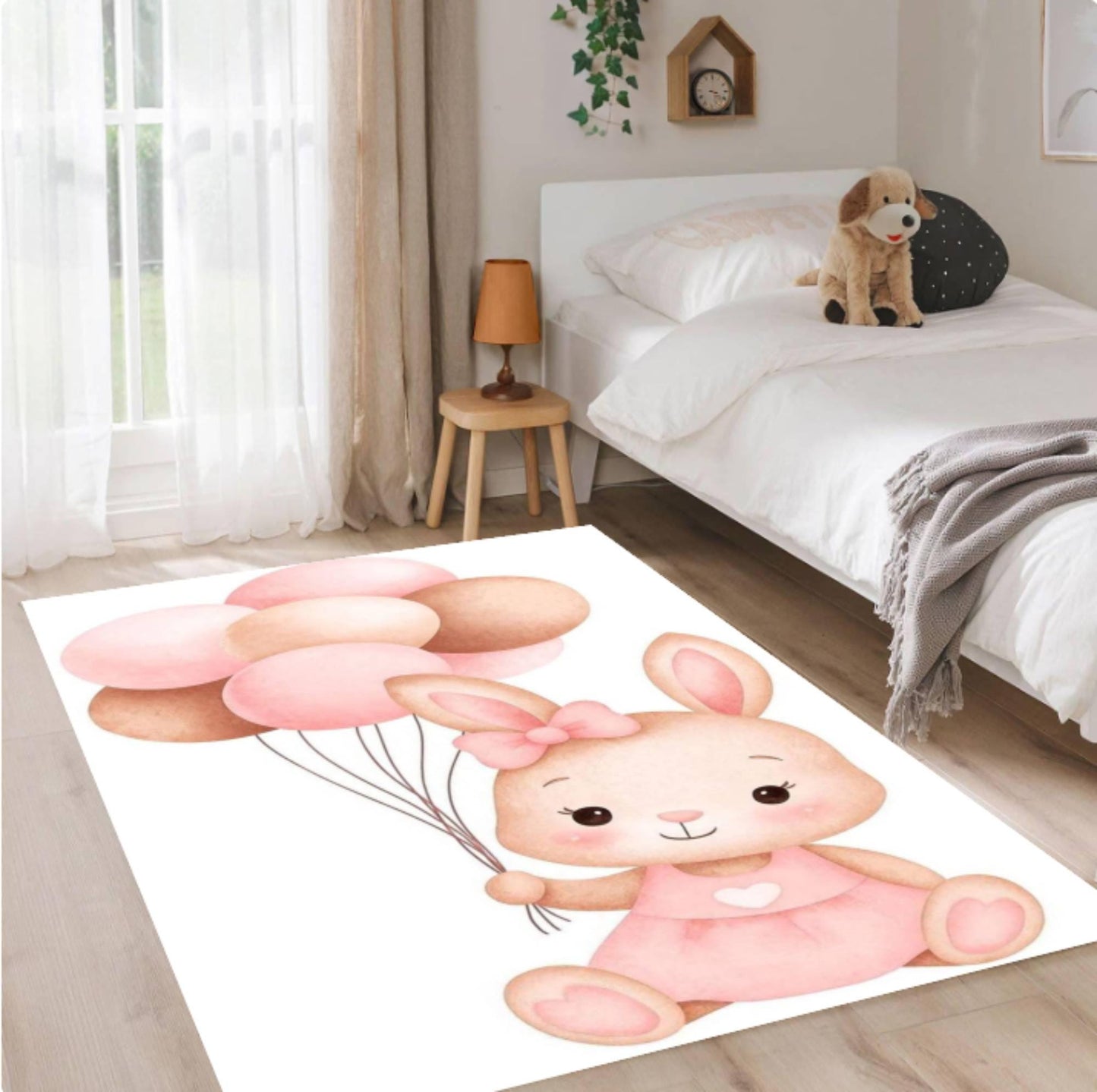 Pink Balloon Rabbit Baby Rug - Washable Kids' & Nursery Room Rug
