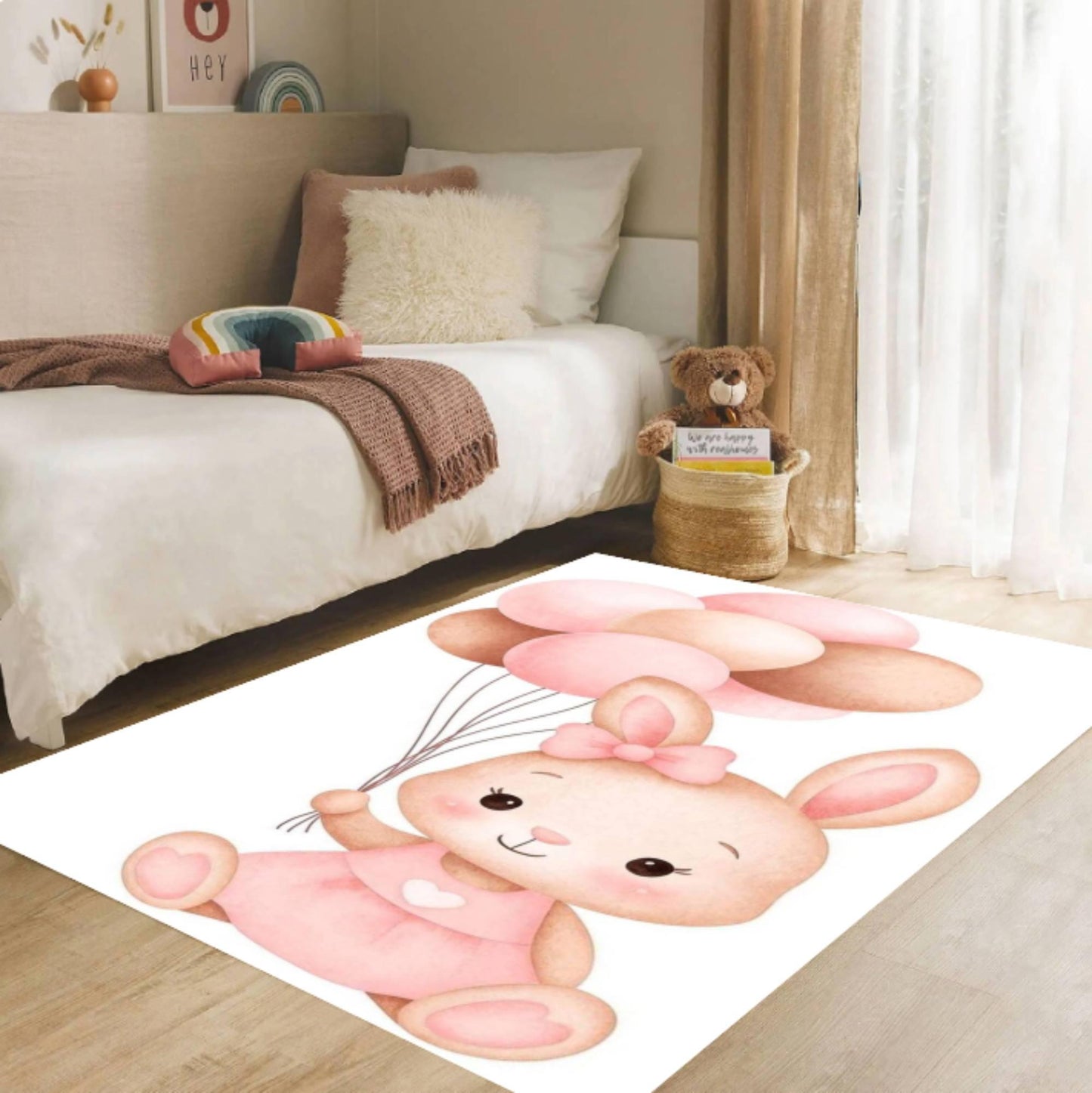 Pink Balloon Rabbit Baby Rug - Washable Kids' & Nursery Room Rug
