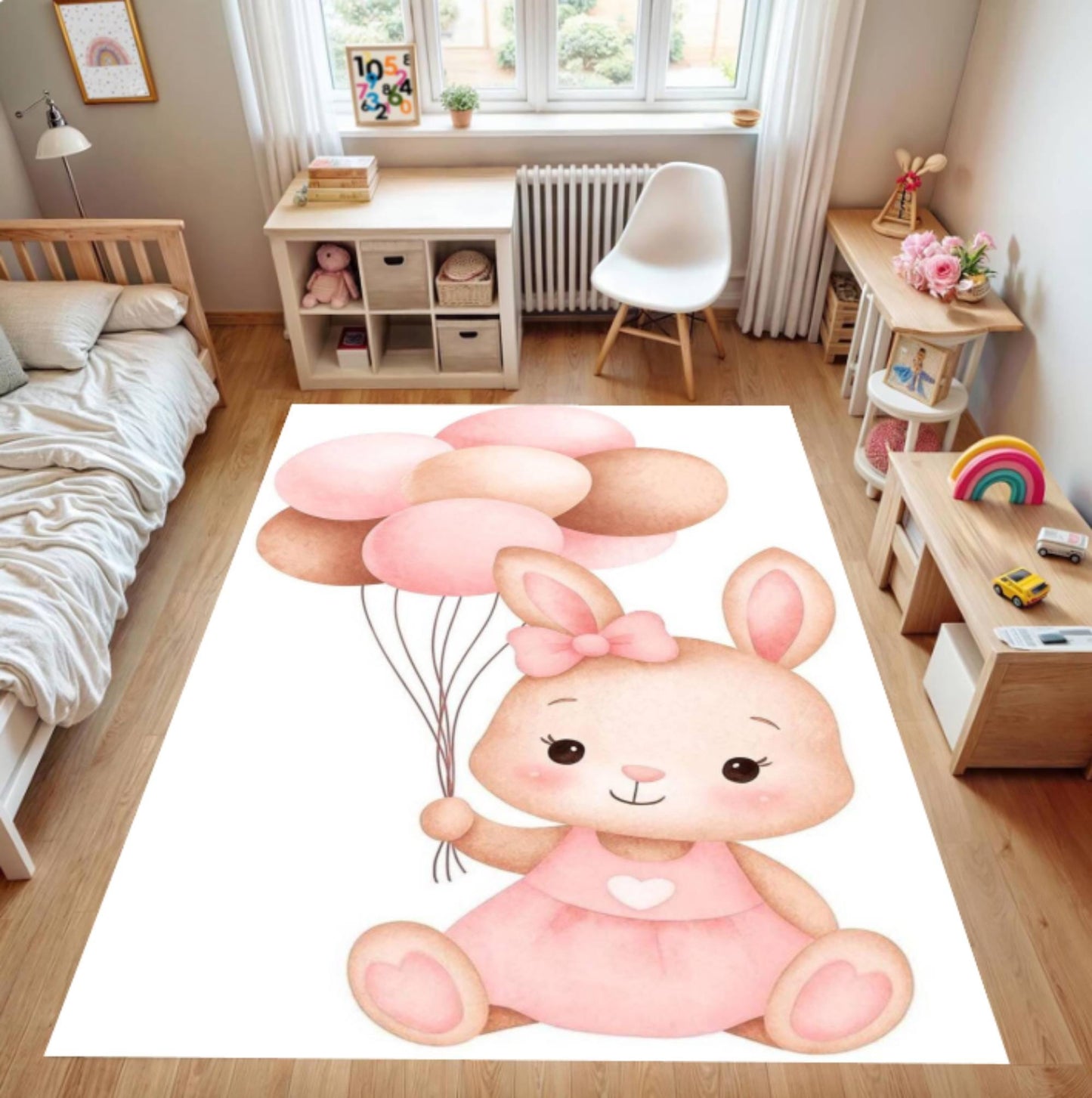 Pink Balloon Rabbit Baby Rug - Washable Kids' & Nursery Room Rug