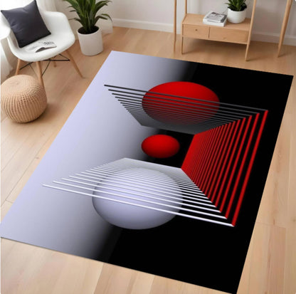Abstract rug with red and white design on a wooden floor