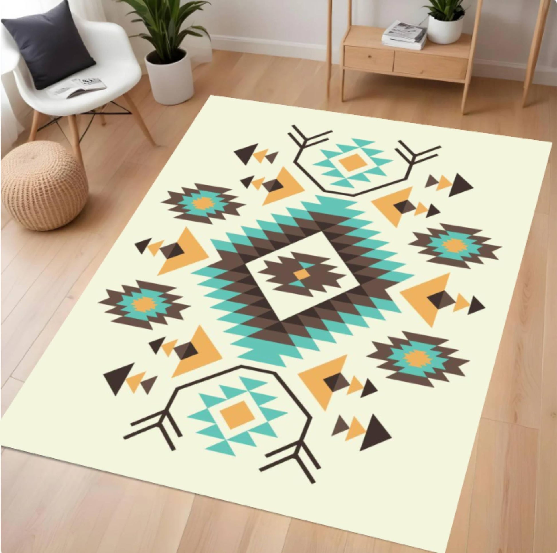 Geometric patterned rug on a wooden floor with a modern chair and decor items.