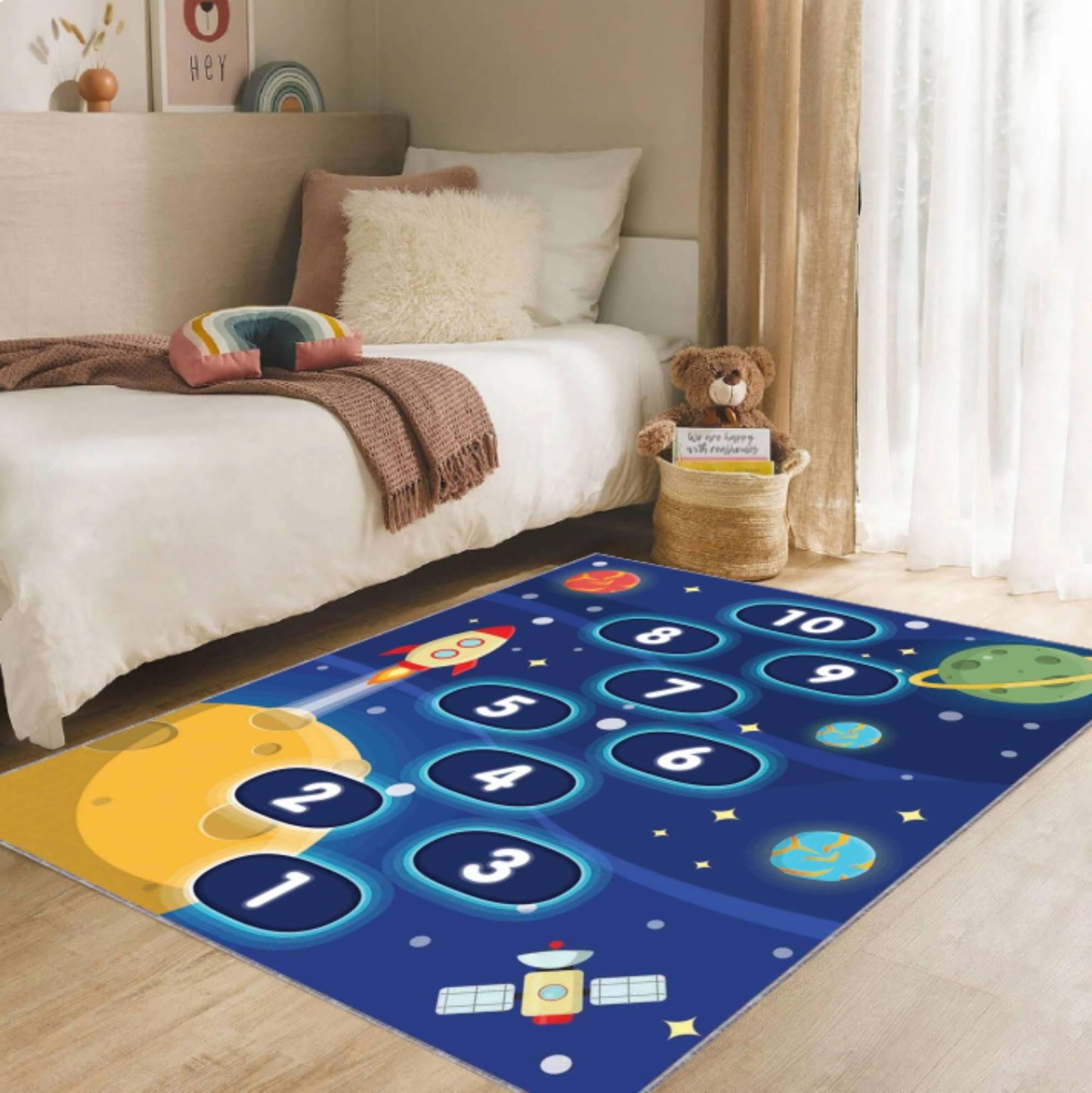 Kids Space Hopscotch Rug, Educational Playroom Carpet, Washable rug, Non Slip Kids Rug, Space Theme Nursery Decor, Toddler Bedroom Floor Mat