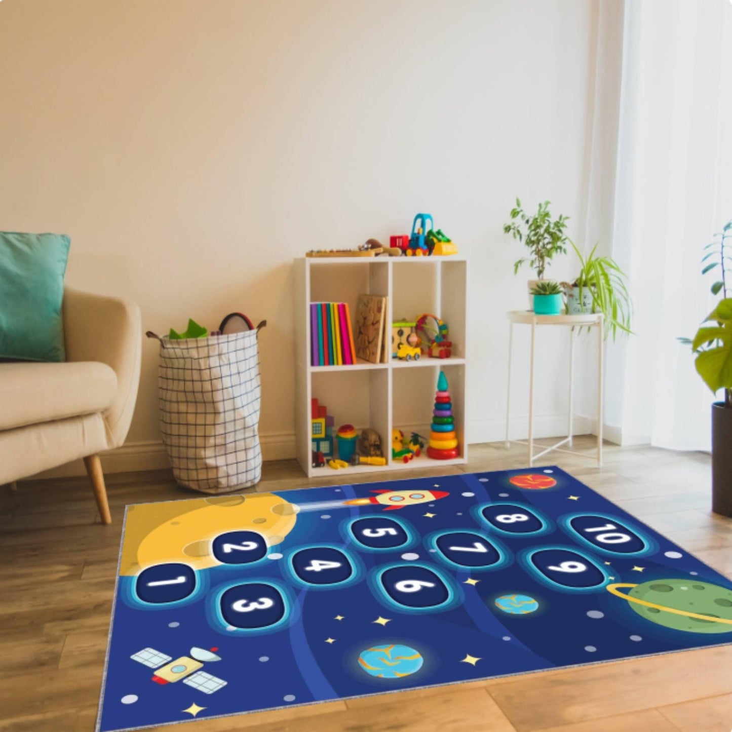 Kids Space Hopscotch Rug, Educational Playroom Carpet, Washable rug, Non Slip Kids Rug, Space Theme Nursery Decor, Toddler Bedroom Floor Mat