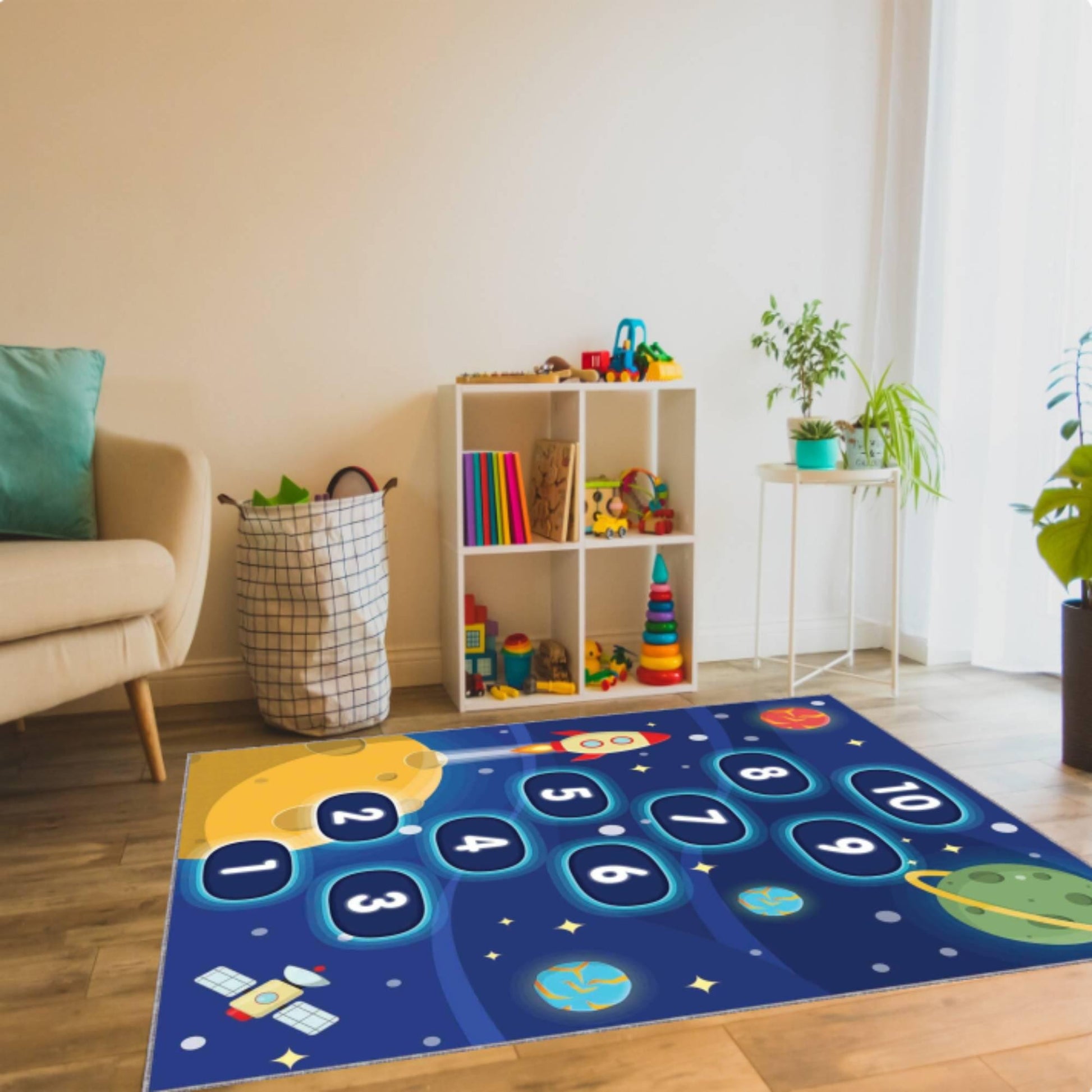 Kids Space Hopscotch Rug, Educational Playroom Carpet, Washable rug, Non Slip Kids Rug, Space Theme Nursery Decor, Toddler Bedroom Floor Mat