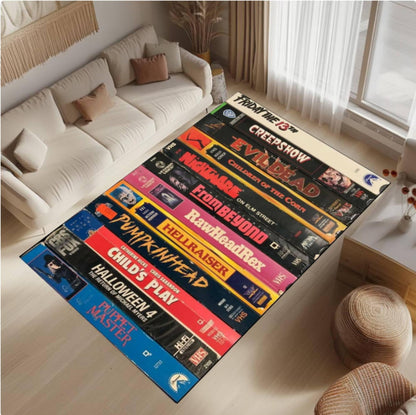Horror VHS Tape Area Rug, Retro Movie Carpet, Vintage Slasher Film Decor, Halloween Room Rug, Washable Area Rug, Non Slip Backing