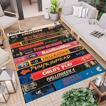 Horror VHS Tape Area Rug, Retro Movie Carpet, Vintage Slasher Film Decor, Halloween Room Rug, Washable Area Rug, Non Slip Backing